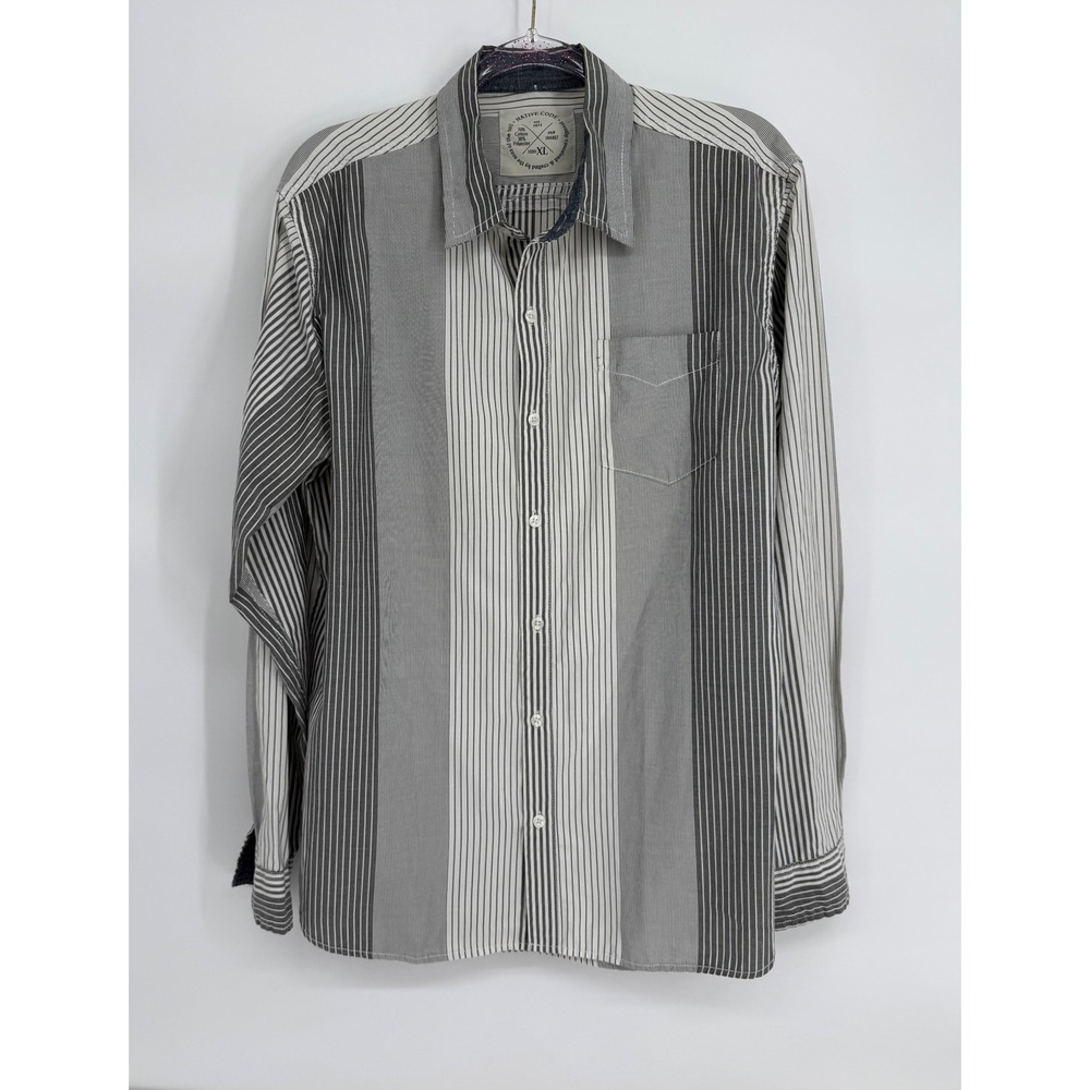 Native Code Mens Grey Striped Button Down Shirt Long Sleeve Cotton Blend Sz XL